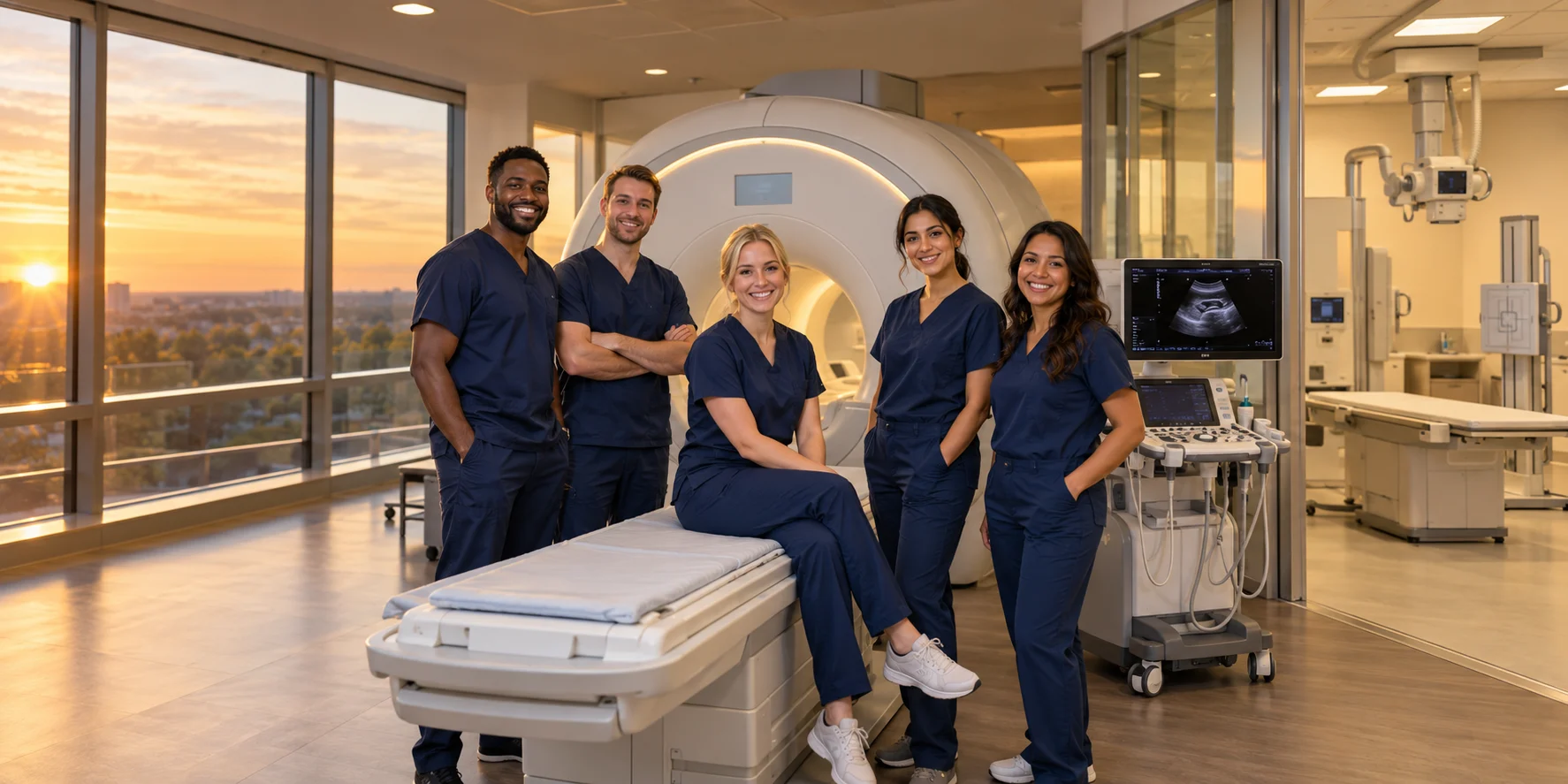 The MIG Healthcare team in an imaging suite with an MRI scanner at sunset
